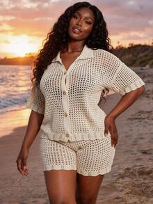 Veslaya Women's Plus Size Beige Summer Boho Vacation Holiday Knitted Two Pieces Outfit,Loose Short Sleeve Shirt Top And Shorts Set,Beach Music Festival Party - Apricot - View 7