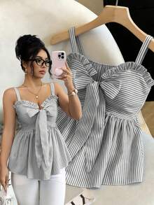 Qadelle Áo camisole nữ mùa xuân/hè mới, thiết kế thời trang với dây buộc, điểm nhấn nơ, sọc xanh trắng, ôm eo, gợi cảm và tôn dáng, đa năng cho cả mặc hàng ngày và hẹn hò. - màu đen - Xem 3