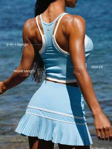 GLOWMODE 匹马棉罗纹亮面紧身两件套腰部长度无袖露脐吊带上衣，适合假日、度假、夏季日常休闲穿着 - 藍色 - 查看 2