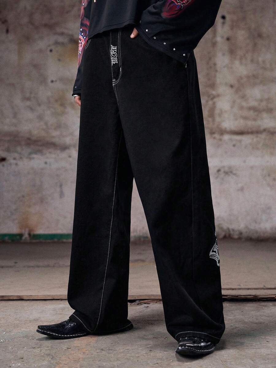 Skyrend 男士新款时尚休闲刺绣宽松水洗黑色牛仔裤 - 黑色 - 查看 1
