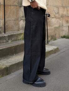 Heavens Edit 1件男士复古水洗宽松直筒牛仔裤，休闲街头风男女通用阔腿裤（不含腰带和配饰） - 灰色 - 查看 4