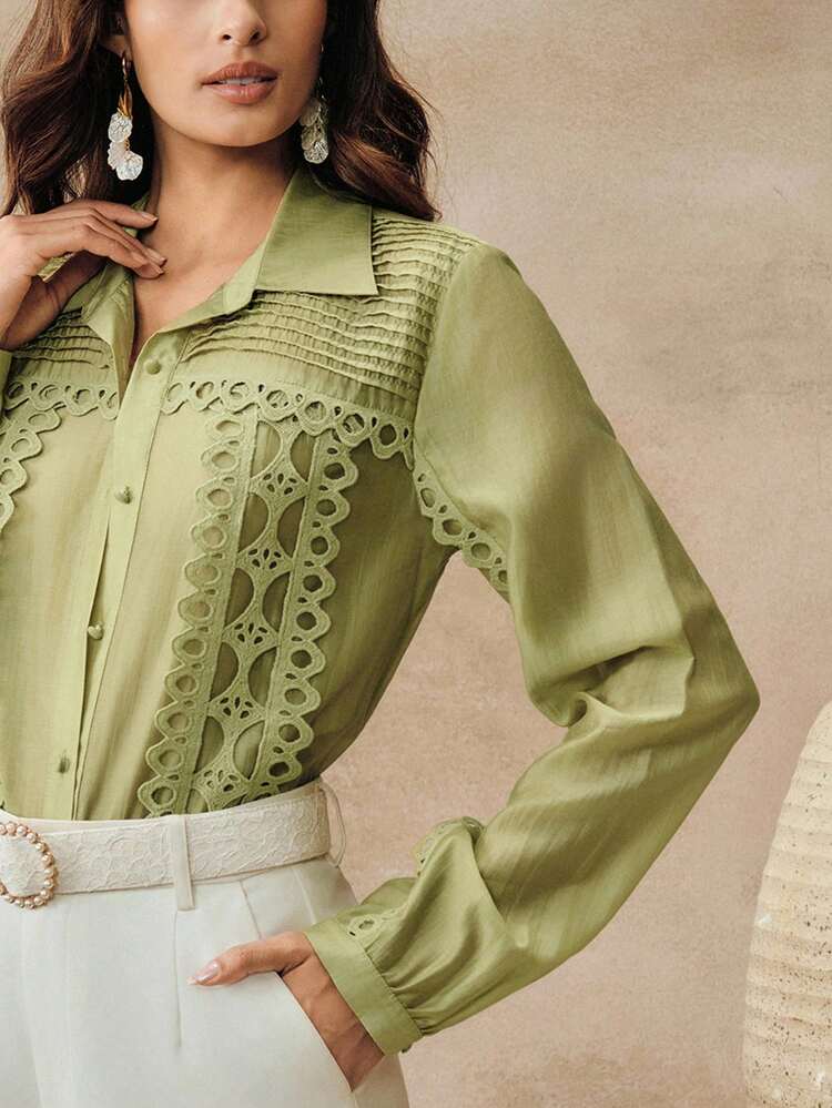 High-Quality Fashion French Elegant Pleated Patchwork Embroidered Blouse, Niche Design Lantern Sleeve Turndown Collar Top, Versatile For Work And Vacation