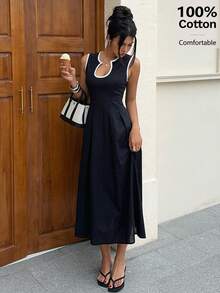 Siren Gaze Đầm trơn màu cổ chữ U, eo xòe chữ A, viền tương phản, đầm nữ thanh lịch, trang phục công sở/đi làm cho nữ. - màu đen - Xem 4