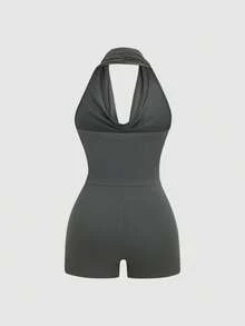 Sweetra Bộ jumpsuit bó sát 3 kiểu mặc: không dây/cổ yếm/vai lệch, co giãn, thoải mái, đa năng. - Màu xám đen - Xem 7