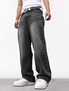 Chillumni Men's Grey Embroidered Casual Loose Fit Jeans Grey Baggy Jeans - Grey - View 6