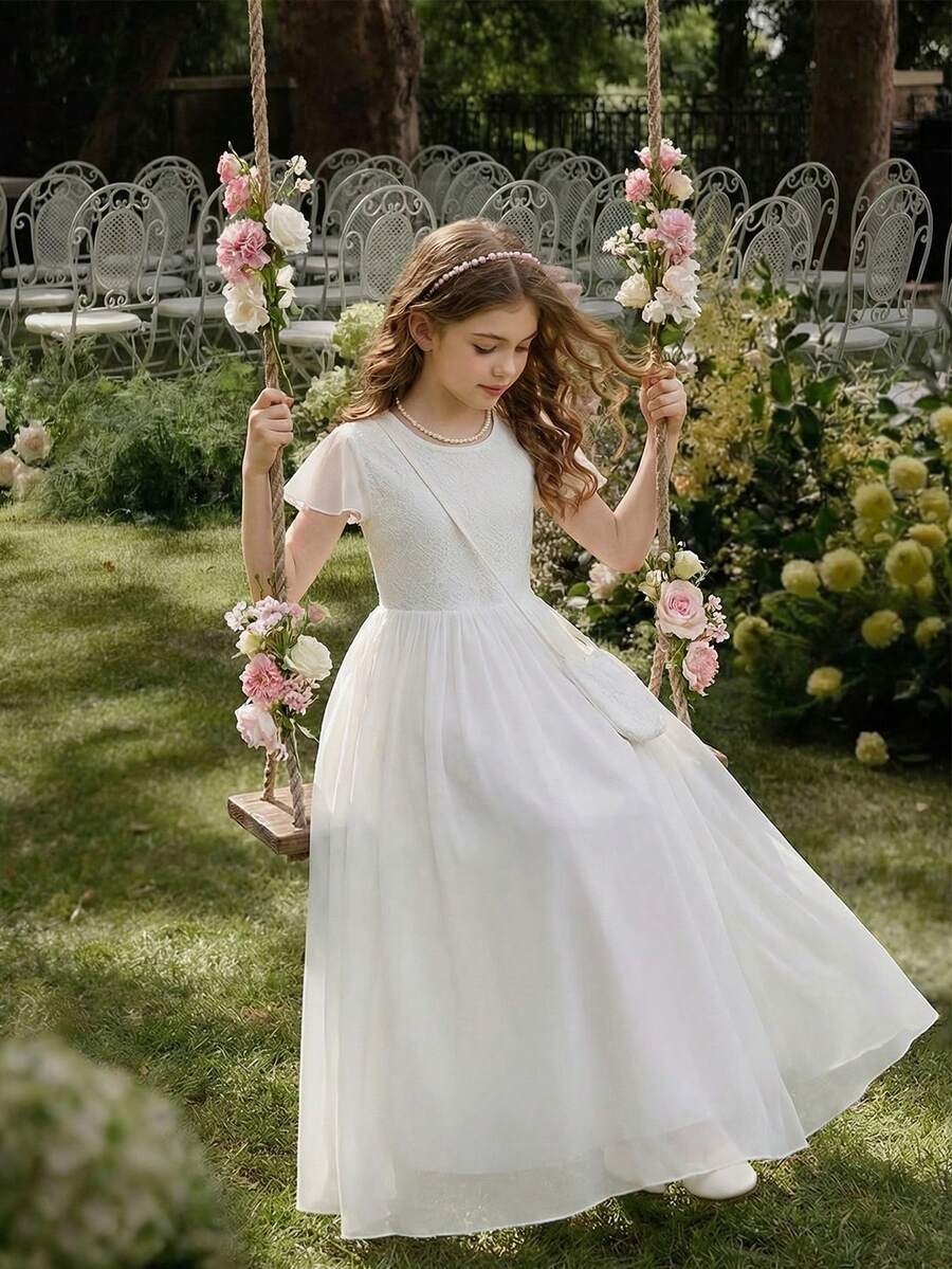 少女时尚派对短袖长裙 - 白色 - 查看 1