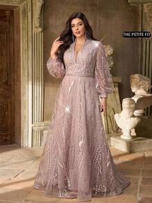 Aureia Petite Curve Elegantes Luxus-Kleid in Große Größen mit tiefem V-Ausschnitt, Langarm, transparentem Meerjungfrauensaum und Perlen- & Strass-Dekor, geeignet für Hochzeit, Party, Feier, Singles-Party, formelle Gala - Pink - Übersicht 1