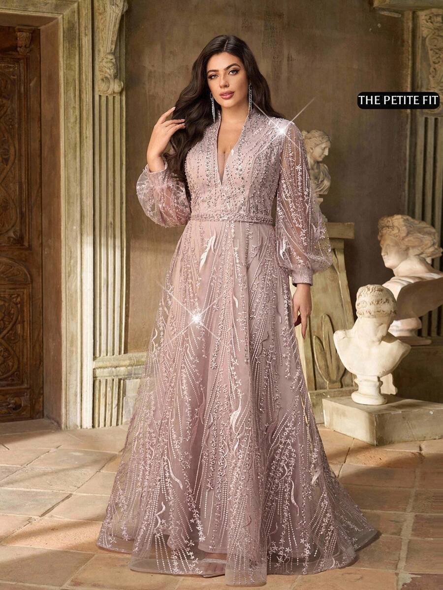 Aureia Petite Curve Elegantes Luxus-Kleid in Große Größen mit tiefem V-Ausschnitt, Langarm, transparentem Meerjungfrauensaum und Perlen- & Strass-Dekor, geeignet für Hochzeit, Party, Feier, Singles-Party, formelle Gala - Pink - Übersicht 1