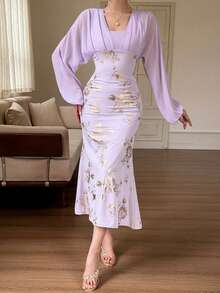 DAZY Damen Laternärmel Figurbetontes elegantes langes Kleid, Blumenkleid für Damen, Sommerkleid für Damen - Mauve - Übersicht 6