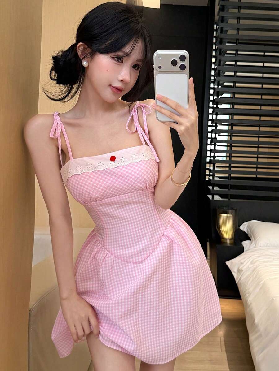 Joudiya Đầm ngắn hai dây kẻ caro kiểu dáng thường ngày dành cho nữ, thích hợp cho mùa hè. - Hồng - Xem 1