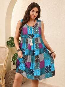 EMERY ROSE Đầm không tay in họa tiết phối màu cỡ lớn, phong cách Boho cho nữ/mùa hè, trang phục phương Tây cho nữ, trang phục đi nghỉ mát cho nữ - Màu xanh bạc hà - Xem 3