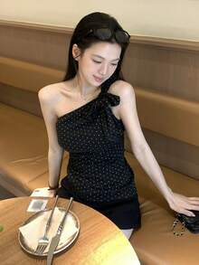 DAZY Women's Polka Dot One Shoulder Short Sleeve T-Shirt, Chic Holiday Style, Casual Korean Street Fashion, Spring/Summer - Black - View 5