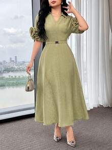 Feyla V-Neck Waist Cinching Handmade 3D Floral Belt Decor Commuting Elegant Versatile Comfortable Summer Dress - Green - View 4