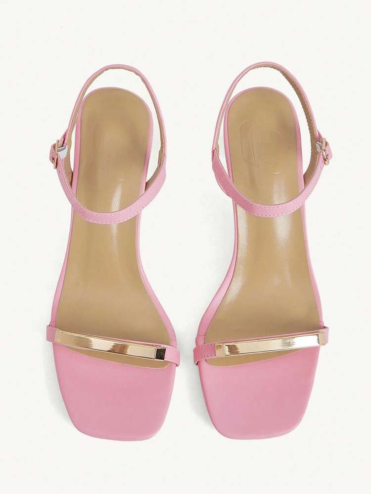 CUCCOO CHICEST Women's Summer New Metal Strap Square Open-Toed Kitten Heel High Heels Commuter Style Pink High Heels Sandals