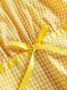ROMWE Kawaii Cute Bow Decor Square Collar A-Line Plaid Plus Size Shirt - Yellow - View 3