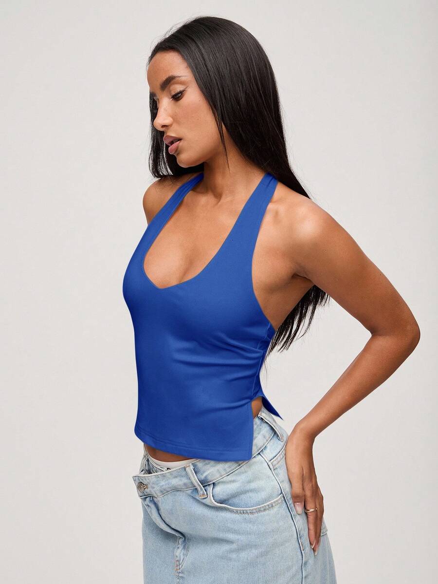 SHEIN BASICS Casual Solid Color Knit Halter Neck Top For Women/Summer Fitted Top For Women Tanktop Body Tops For Ladies Halter Tops For Women