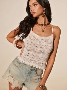 Poéselle Women's White Summer Boho Crochet Top,Elegant Spaghetti Strap Hollow-Out Knit Camisole For Vacation,Holiday Beach Resort Delicate Knitwear Outfits - White - View 3