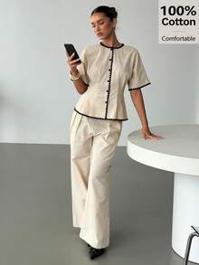 Siren Gaze 女士撞色滚边纽扣领衬衫，夏季休闲风 - 杏色 - 查看 10