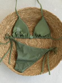 Swim Vcay 2026 Frühling/Sommer 2-teiliges Set Damen einfarbig sexy zufälliger Leoparden-Muster Spaghetti-Träger rückenfreier seitlich gebundener Bikini-Set Grüner Bikini Neckholder Bikini seitlich gebundener Bikini 2-teiliges Bikini-Set Mesh-Bikini Urlaub Kreuzfahrt Reise Grüner Strandoutfit für Damen Bikini-Set für Damen Bademode - Grün - Übersicht 2