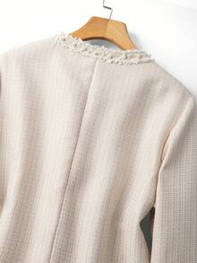 GlowEve CURVE Women's Khaki Tweed Plain Long Sleeve Jacket With Short Dress Elegant Two Piece Set - Khaki - View 6