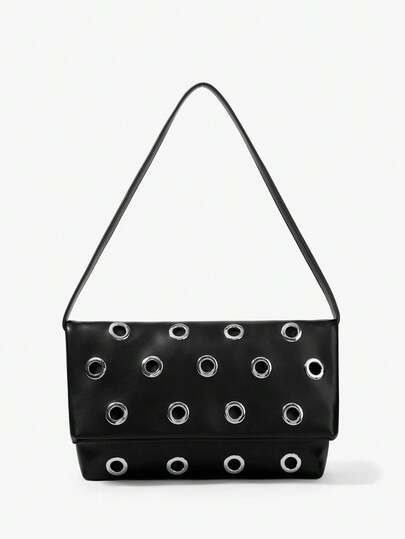 Maija Ladies, Women Black Shoulder Bag, Faux Leather, Black Bag, Fashionable,  Personality, Simple, Versatile, Street, Retro, Rivets, For Commute, Office, Date,  Daily, Shopping