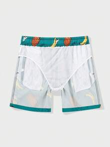 Manfinity Swimmode Quần short đi biển nam in hình dứa và chuối, cạp chun có túi. - màu xanh lá - Xem 4