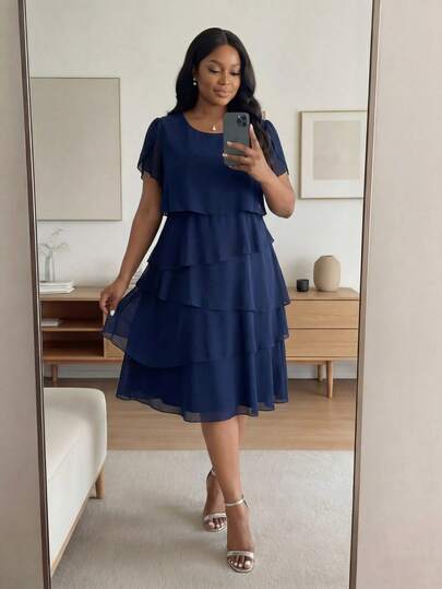 SHEIN Lady CURVE 加大码优雅浪漫多层荷叶边雪纺连衣裙，深蓝色，新娘妈妈连衣裙，夏季，时尚夏季