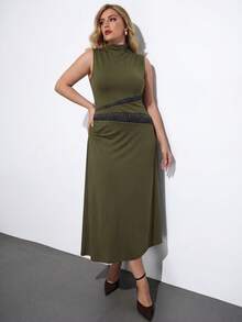 Gossip Girl X SHEIN SHEIN Maija Plus Size Women's Dark Green Summer Elegant Dinner Dress,Colorblock Print Stand Collar Sleeveless Waist Cinched Formal Wedding Party Beach Outfits - Army Green - View 4