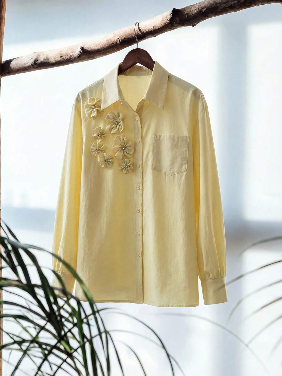 Zanirela 女士粘胶纤维面料3D立体花卉水钻装饰优雅浪漫通勤纽扣衬衫，适合办公室穿着，四季皆宜，奶油黄色衬衫，女士上衣，商务休闲女装，教师女装，外出女装，宽松女式衬衫，趣味衬衫，秋季女装 - 黃色 - 查看 1