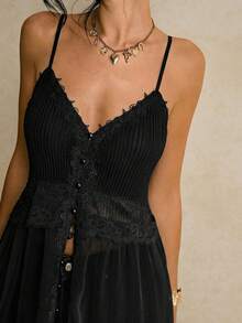 Poéselle Áo hai dây ren phối họa tiết gợi cảm thời trang nữ - màu đen - Xem 3