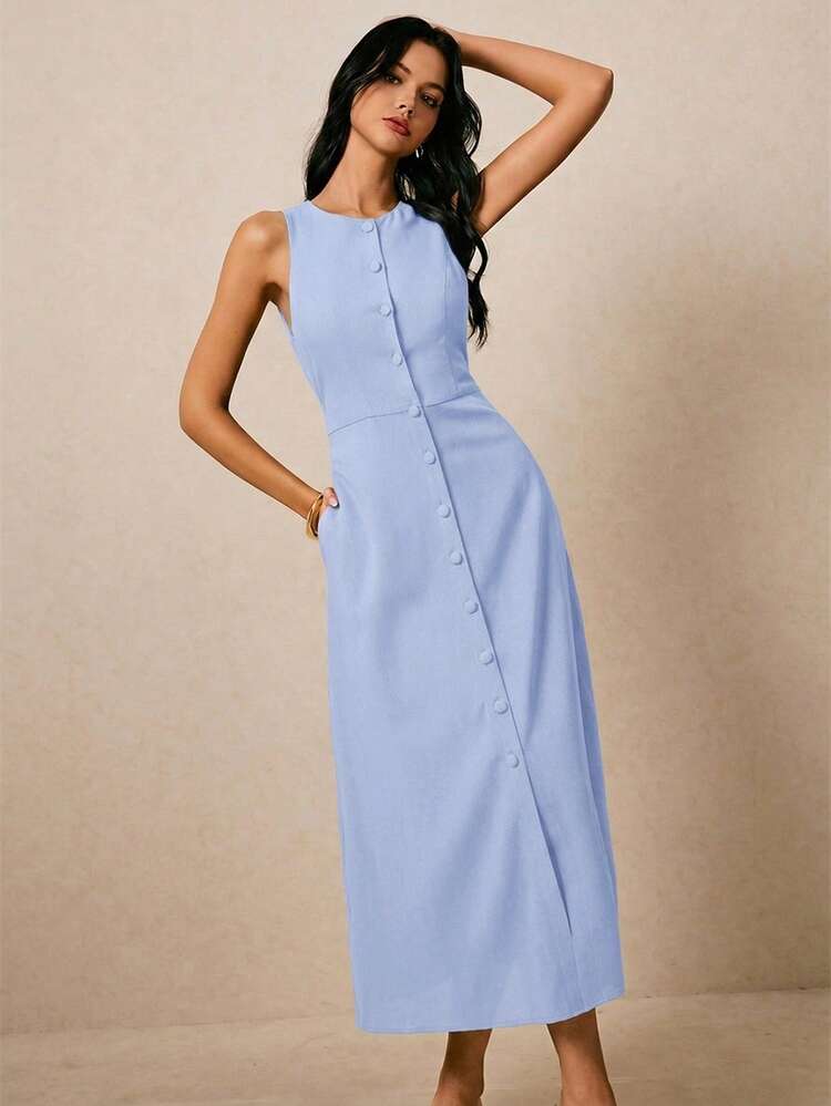 Poéselle Đầm nữ màu xanh nhạt phong cách Pháp tối giản không tay mặc hàng ngày đi brunch Z65c7 quần áo cho nữ giảm giá cho phụ nữ size thường đầm nữ trang trọng Zanzea đầm nữ thường ngày Z9v7r đầm nữ công sở thường ngày đầm nữ phong cách sang trọng đầm nữ đi nghỉ dưỡng đầm nữ đi du lịch đầm nữ, đầm mùa hè cho nữ - Màu xanh nhạt - Xem 6