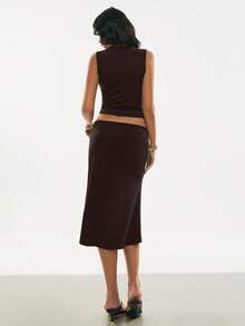 Women's Sexy Solid Color Contrast Lace V-Neck Camisole And Fish Tail Hem Skirt 2-Piece Set, Summer - Coffee Brown - View 6
