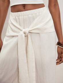 ATUI Studio Women's Casual Vacation Solid Color Front Knot Loose Wide Leg Pants - Beige - View 3