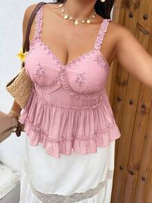 Sunnyshic Plus Size Pink Embroidered Ruffle Trim Bow Camisole - Pink - View 2
