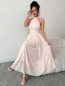 SHEIN Raffinéa 时尚派对礼服，浪漫荷叶边下摆多穿式长裙，粉色 - 淺粉色 - 查看 6