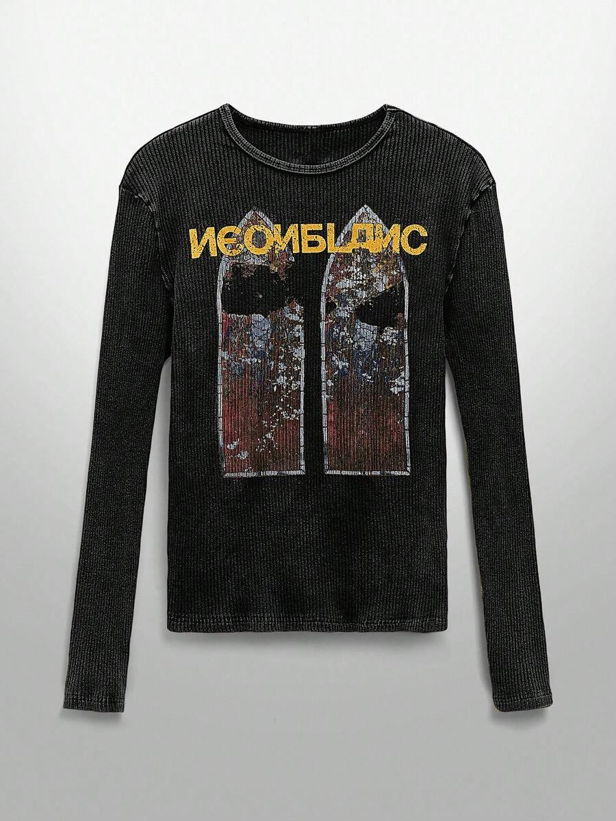 NEON BLANC Men's Street Fashion Knitted Crew Neck Letter Print Long Sleeve T-Shirt - Black - View 1