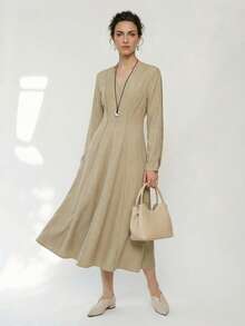 Uhlyne Váy đi làm cổ chữ V cổ điển dành cho nữ, phong cách Old Money, váy vải họa tiết xếp ly thanh lịch, cổ chữ V cơ bản, tay dài, ôm sát, gợi cảm - Màu vàng - Xem 1