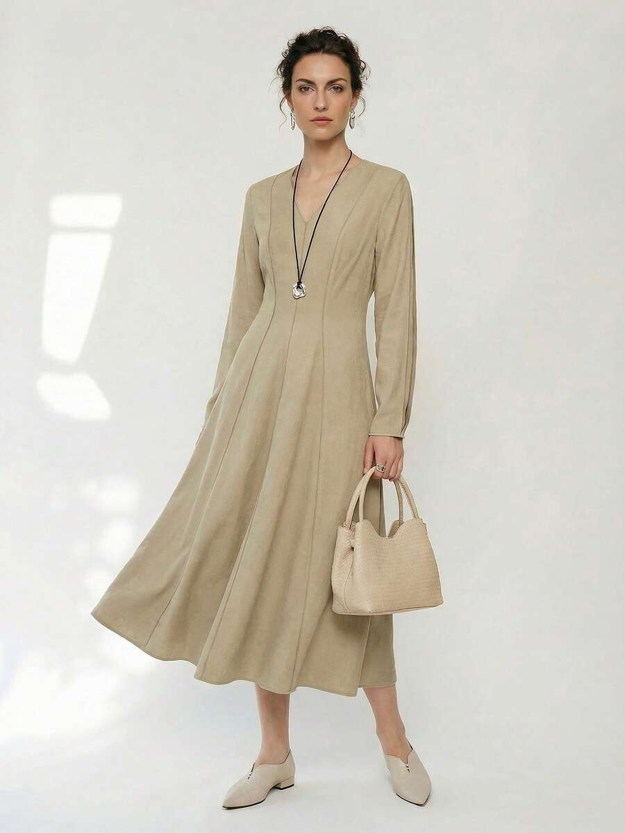 Uhlyne Váy đi làm cổ chữ V cổ điển dành cho nữ, phong cách Old Money, váy vải họa tiết xếp ly thanh lịch, cổ chữ V cơ bản, tay dài, ôm sát, gợi cảm - Màu vàng - Xem 1