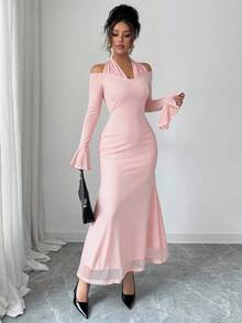 Elenzga Women's Elegant Turtleneck Patchwork Flare Sleeve Long Sleeve Dress, Autumn Party Soft Pink - Baby Pink - View 5