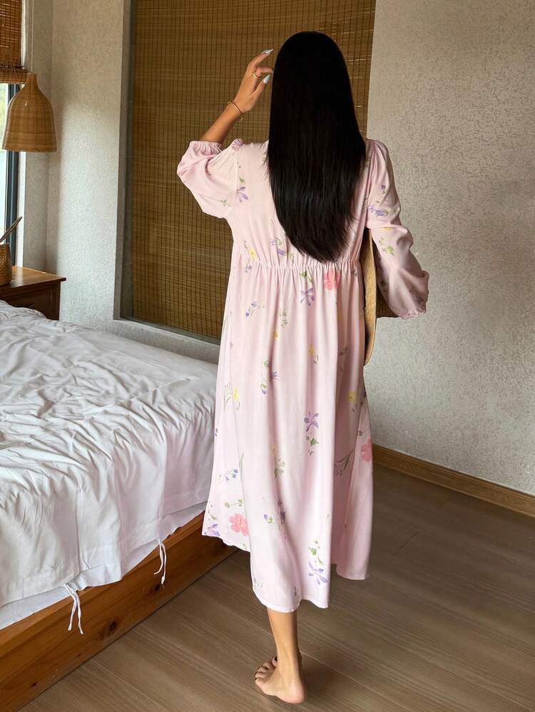 Floral Print Long Dress, Suitable For Spring And Summer Wear, Women Nightgown
