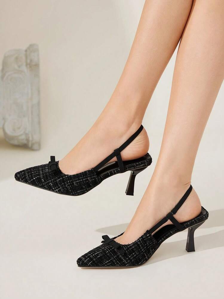 CUCCOO CHICEST Women Shoes Women's Pointed Heels Black Plaid Material Bow Stylish And Elegant Daily Commuter Hundred Heels Shoes Slingback Shoes Women's Shoes Wedding Shoes Spring Shoes Bride Shoes