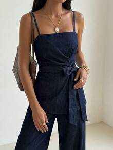 DAZY 2pcs Women's Casual Pleated Tie-Up Camisole & Pants Set Summer - Blue - View 2