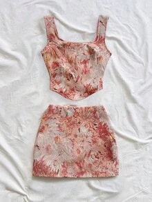 Soleia 女士复古蓝色宫廷风彩色花卉提花两件套：纽扣吊带露脐上衣和迷你裙，春夏款 - 粉色 - 查看 6