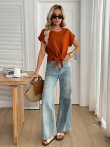 SHEIN LUNE Áo sơ mi nữ dáng rộng, màu trơn, chất liệu có họa tiết, thích hợp cho mùa hè, đi nghỉ mát, đi làm, đi làm hàng ngày, kiểu dáng cơ bản, thắt nơ. - trái cam - Xem 5