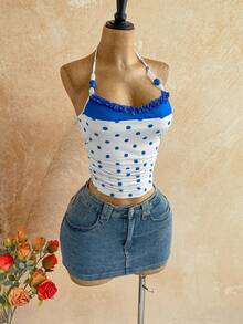 Soleia Tank Top Rajut Wanita Gaya Boho Motif Polkadot Warna-warni dengan Tali Bahu Tipis dan Detail Kerut. - MultiWarna - View 4
