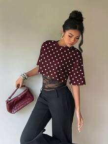 Siren Gaze Áo thun nữ màu nâu chấm bi trắng phối ren trang nhã, kiểu dáng tối giản thường ngày, đa năng cho mùa xuân/hè. - Nhiều màu - Xem 6