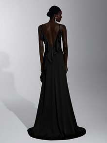 Elitara 优雅露背荷叶边伴娘礼服 - 黑色 - 查看 2