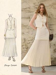 PREMIUM Bộ đồ nữ thanh lịch gồm áo tank top và chân váy xếp ly, thích hợp mặc đi làm, mùa hè. - Cà phê nâu - Xem 1