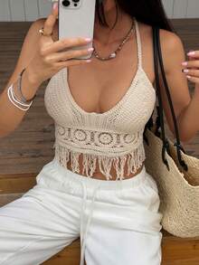 DAZY Áo hai dây gợi cảm cho nữ, kiểu dáng đi biển, có tua rua, cổ yếm, hở lưng, thích hợp cho mùa hè. - Màu be - Xem 6