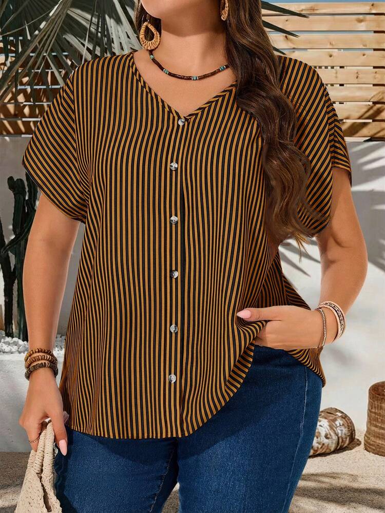 Plus Size Women Striped V-Neck Short Sleeve Casual Button-Up Shirt Summer Tops Summer Outfits Spring Clothing Spring Outfit Festival Outfits For Women Vacation Outfits Women Holiday Outfits For Women Summer Holiday Outfits Country Style For Women Blouse For Women Casual Elegant Short Sleeve Blouse
